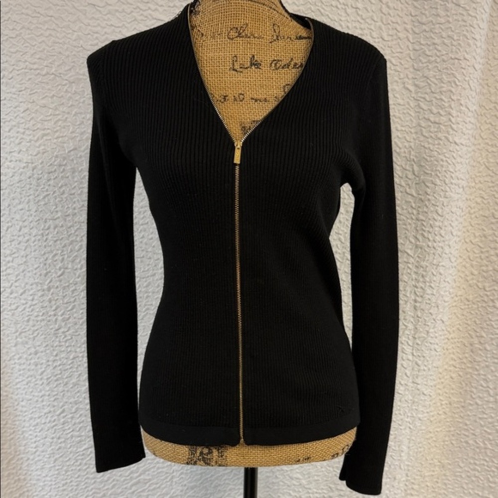 Calvin Klein Black Ribbed V-Neck Zip Sweater with Gold Zipper